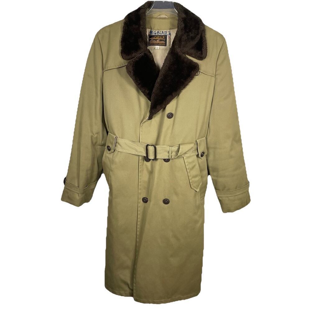 VTG Eddie Bauer Down Trench Coat Men 44 Tan Faux Fur Collar Classic Business USA